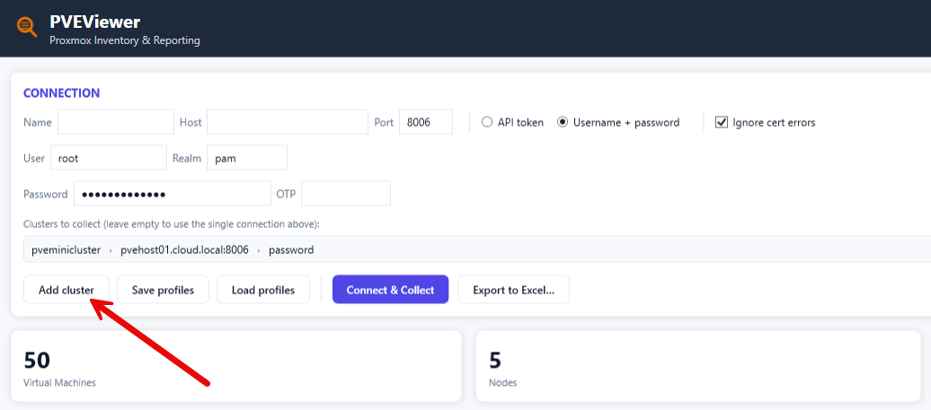 Adding a cluster to the pveviewer connection and collect workflow