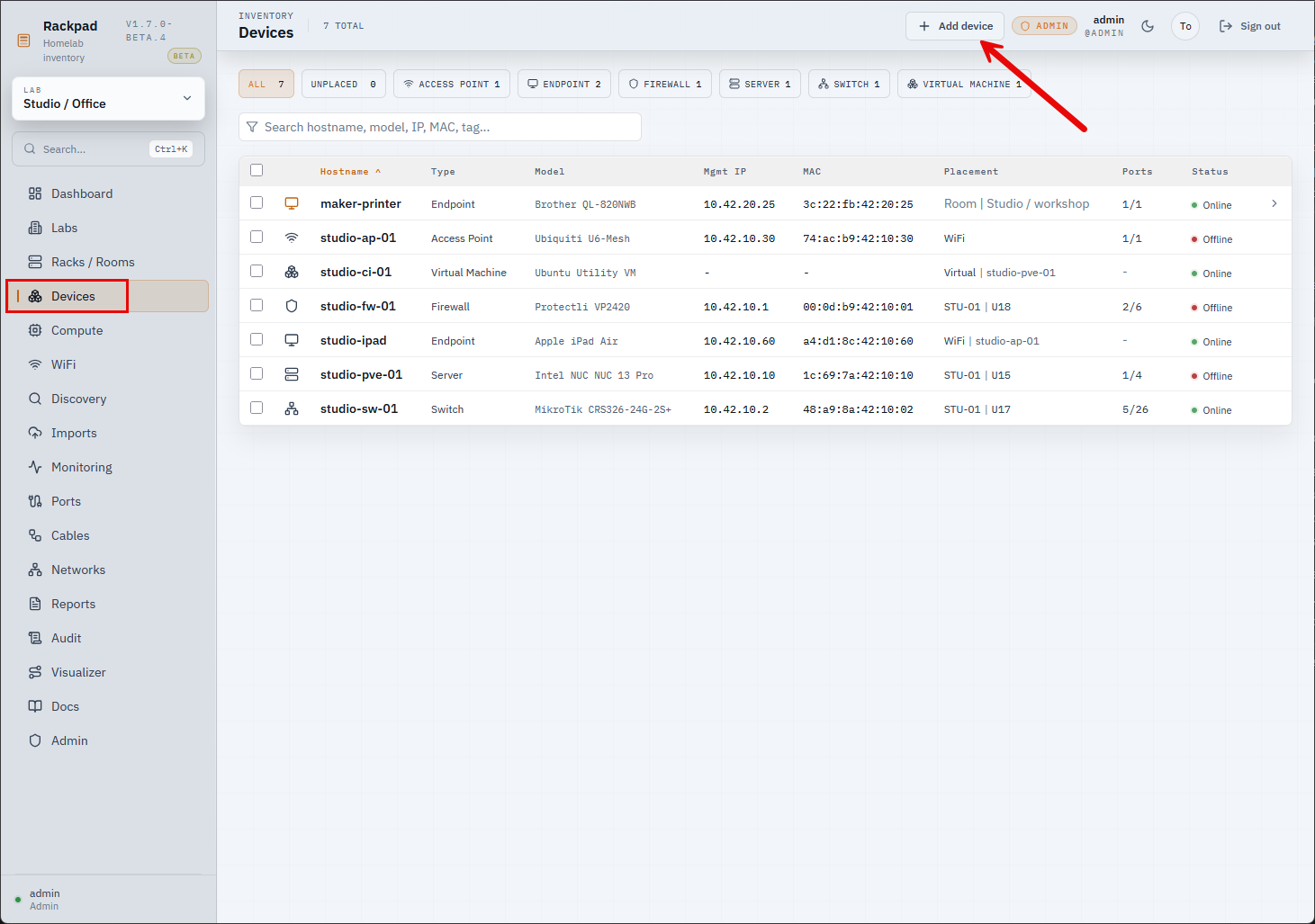 Adding devices in the devices dashboard