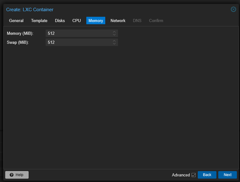 Adjusting memory settings on a proxmox lxc container