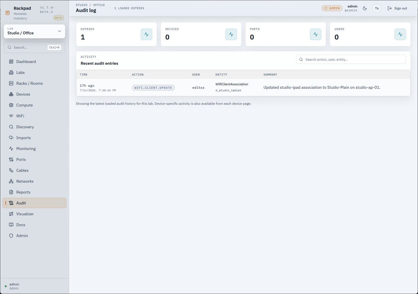 Audit logging in rackpad