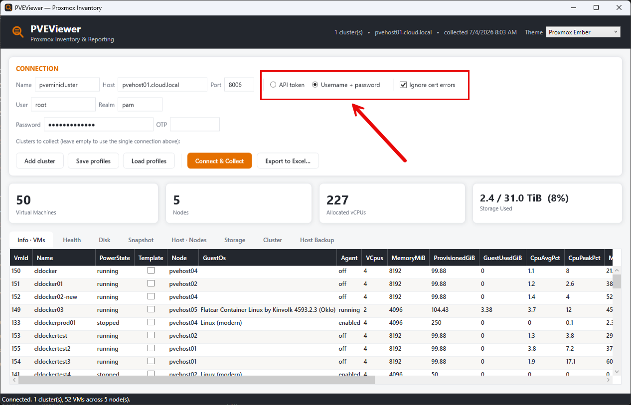 Connected to a proxmox ve server cluster with pveviewer