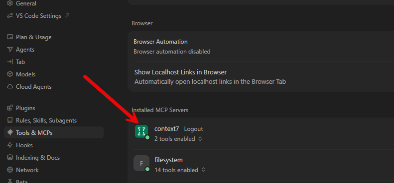 Context 7 enabled as an mcp server in cursor