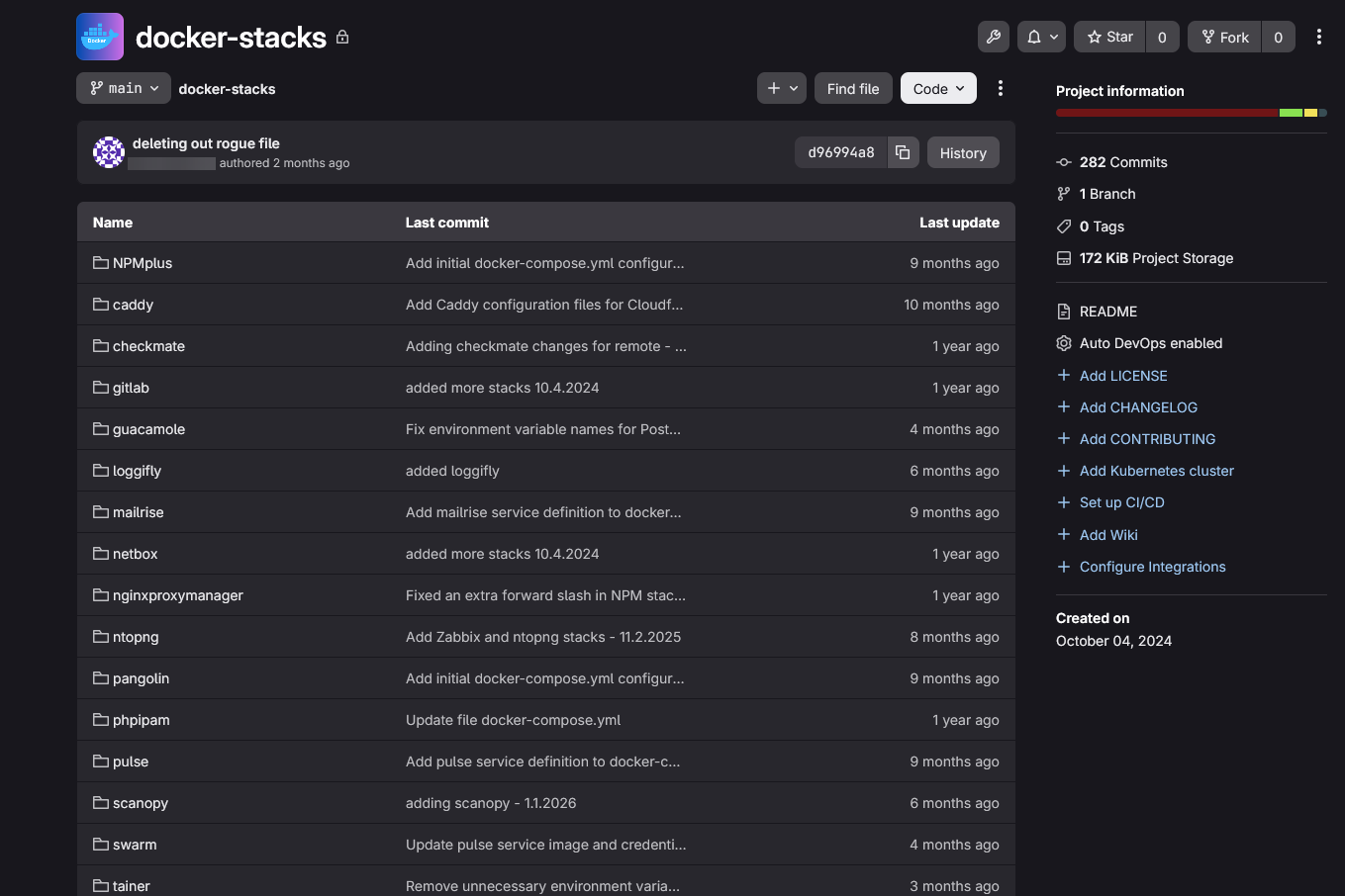 Docker stacks committed to gitlab in the home lab