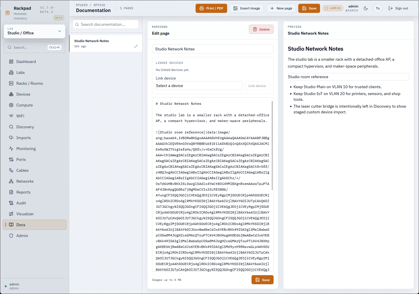 Docs screen in rackpad to create your home lab documentation