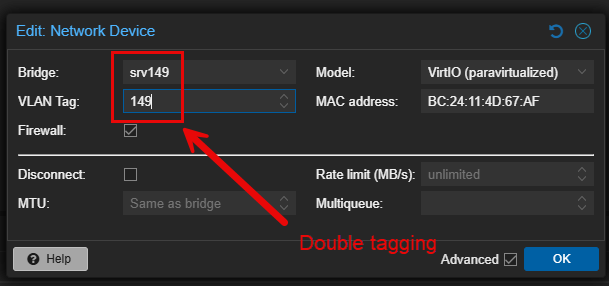 Double tagging a virtual machine connected to a tagged bridge config