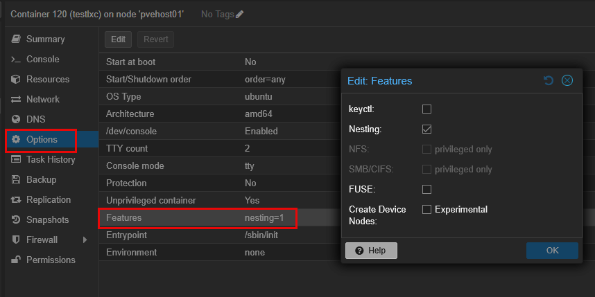 Enabling nesting and keyctl fuse in proxmox lxc containers