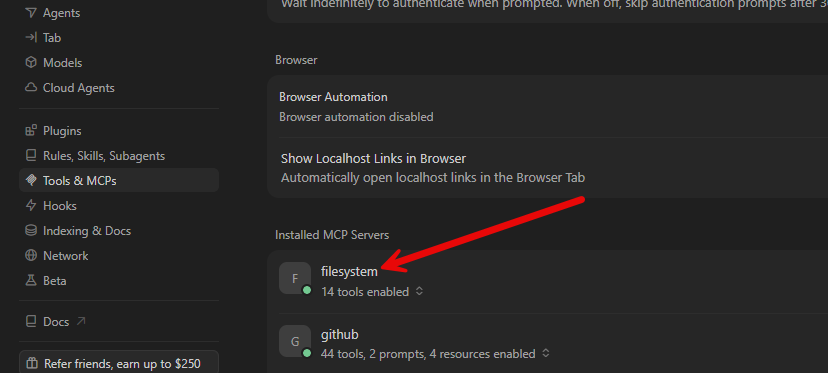 Filesystem mcp server running in cursor