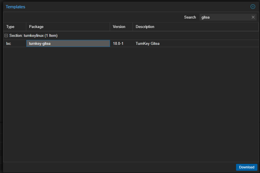 Gitea turnkey lxc appliance in proxmox