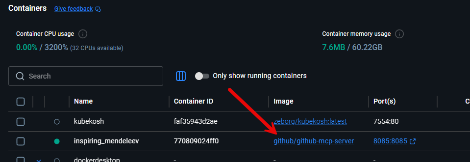 Github mcp server running in docker desktop
