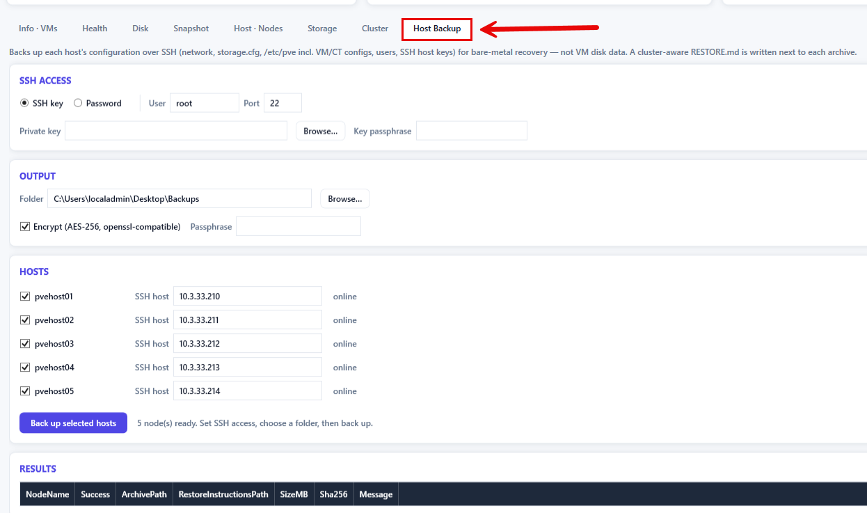 Host backup in pveviewer