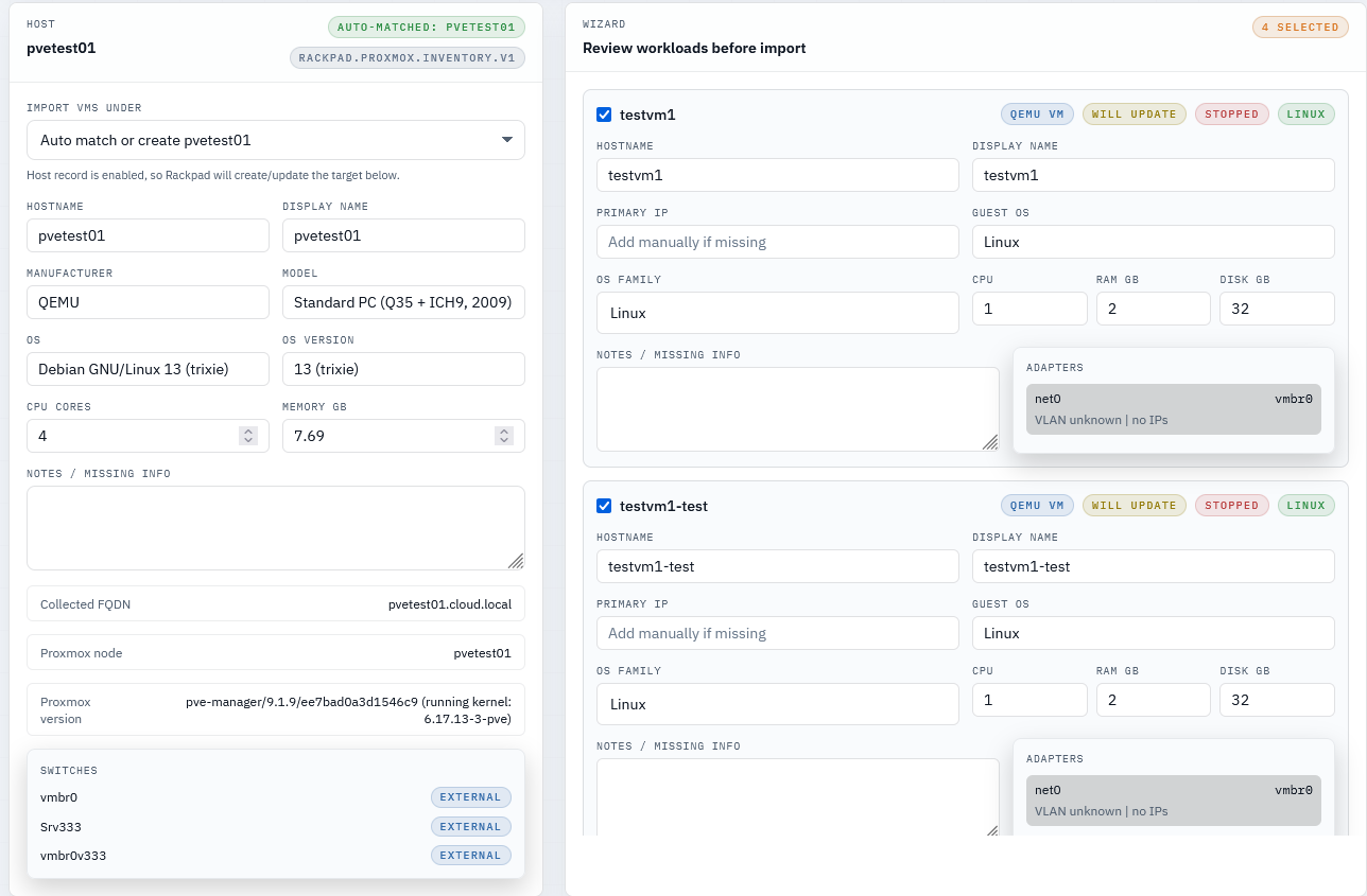 Importing the proxmox json file from the rackpad export