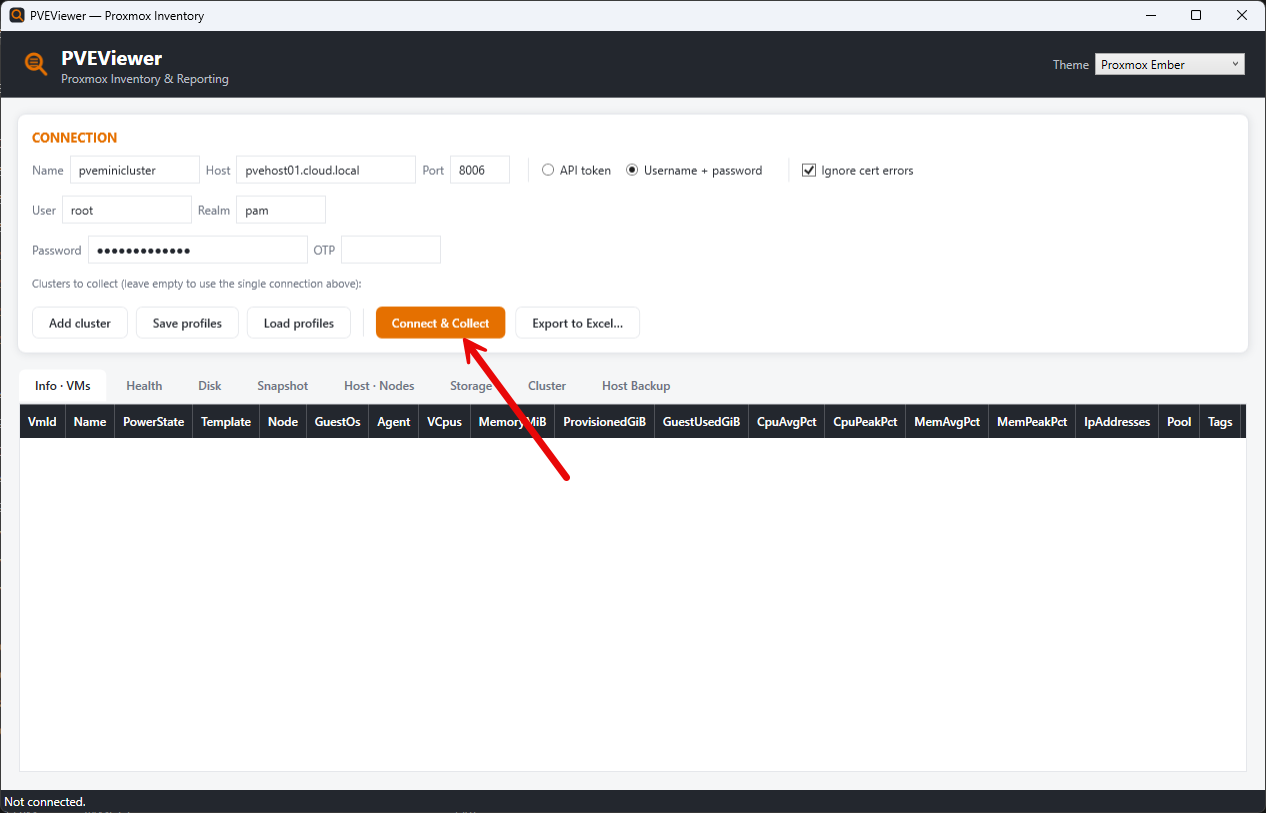 Initiating the connect and collect operation in pveviewer