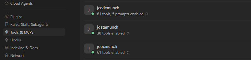 Jcodemunch jdatamunch and jdocmunch running in cursor