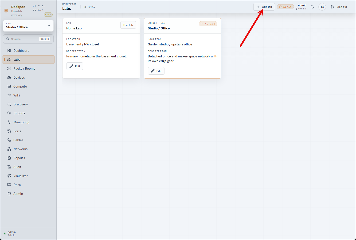 Labs configuration in the rackpad labs dashboard