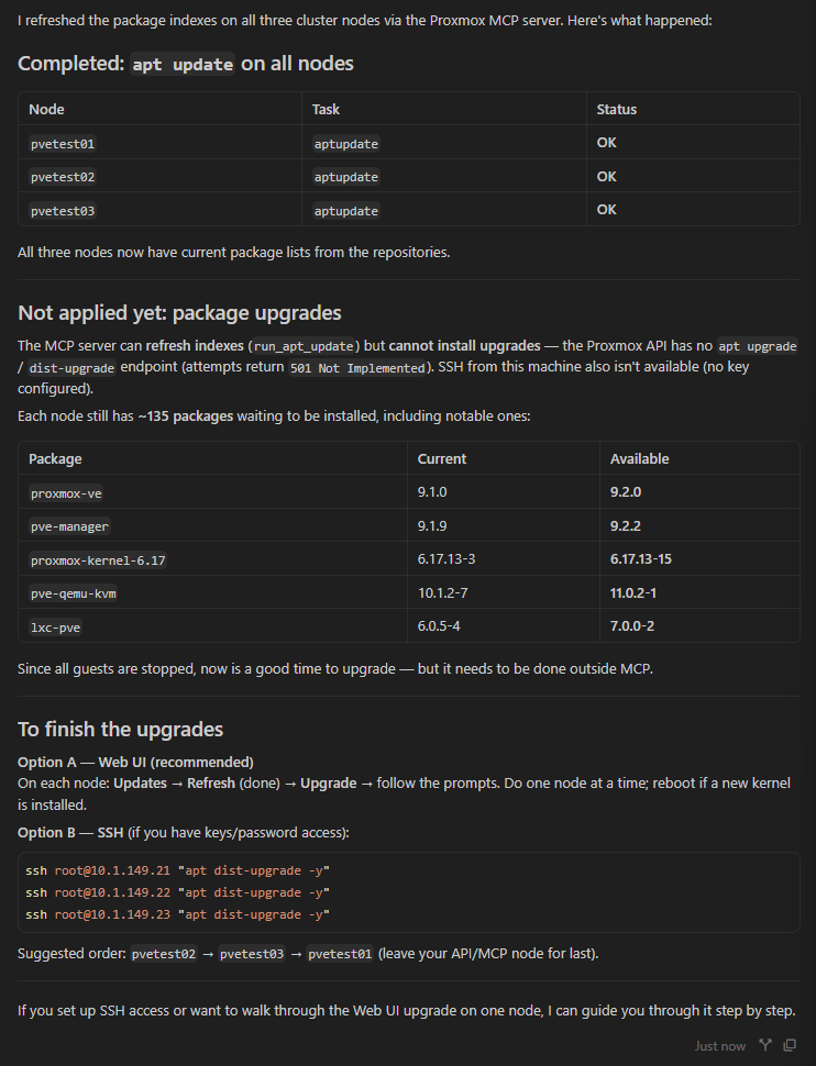 Limitations on the upgrades from the proxmox api