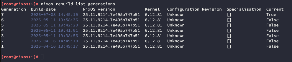 Listing nixos generations in the home lab