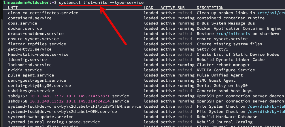 Listing services using systemctl in flatcar linux