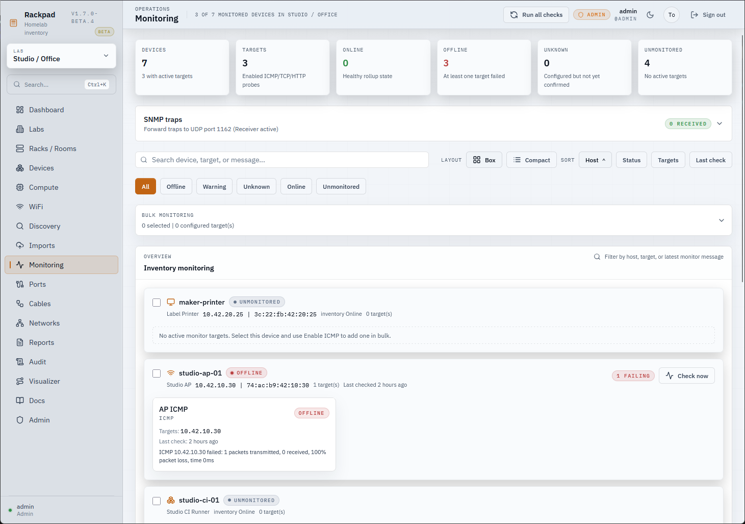 Monitoring screen allows you to setup monitoring on home lab nodes and devices