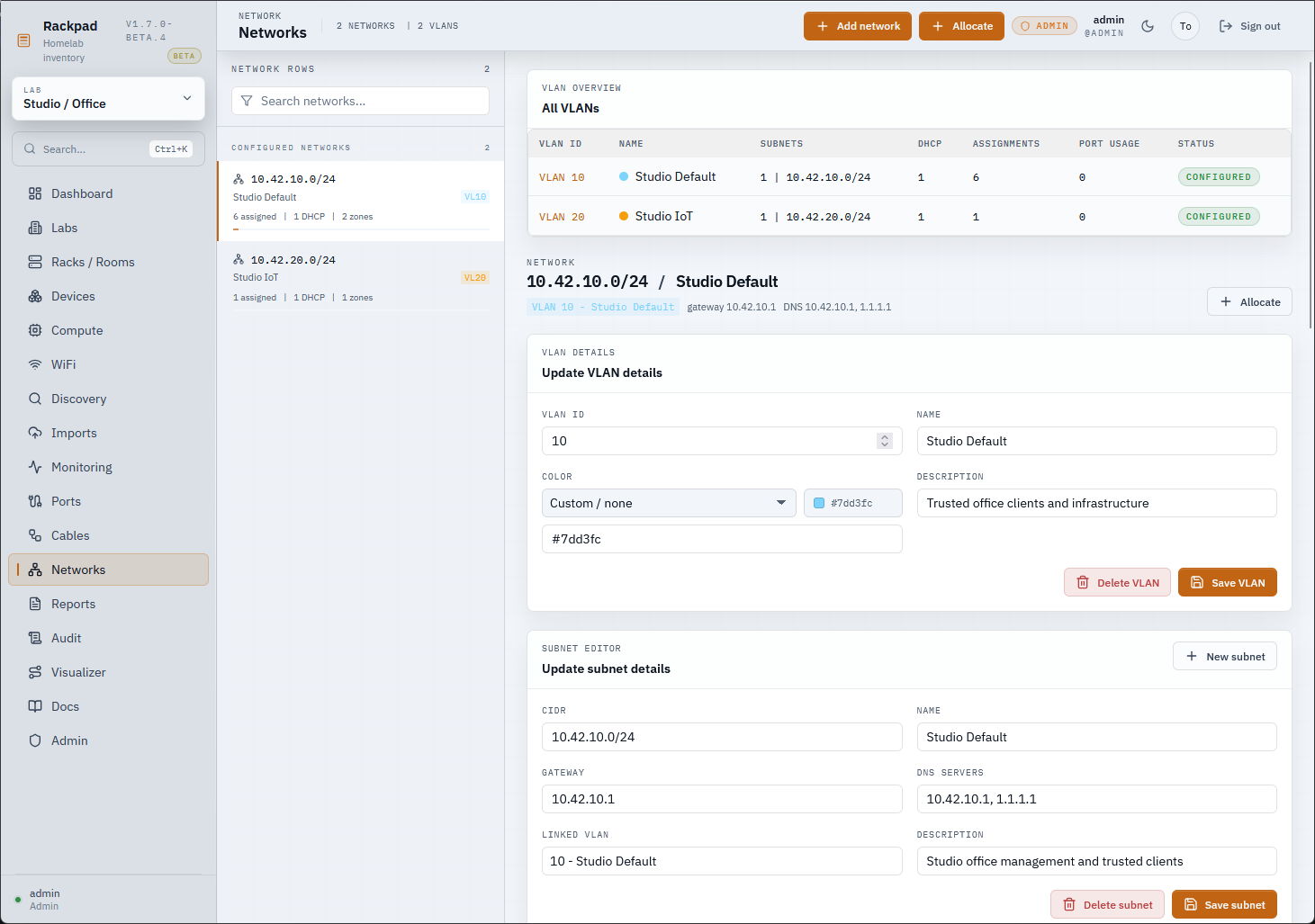 Networks in rackpad