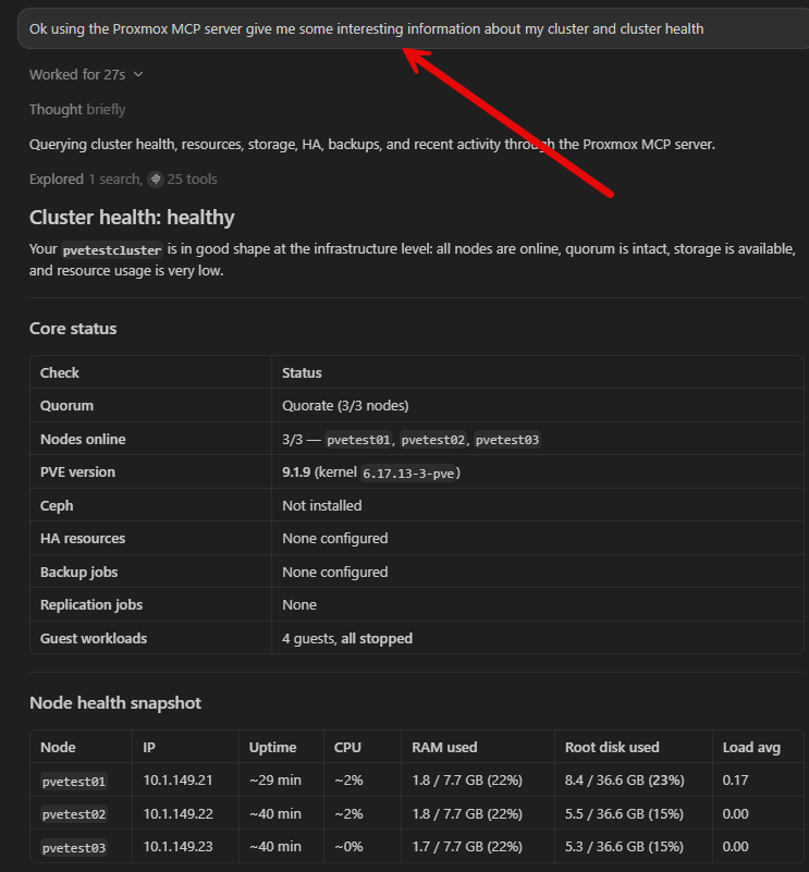 Prompting the proxmox mcp server for cluster health
