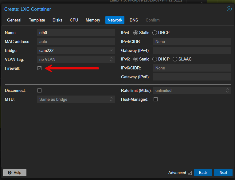 Proxmox lxc container firewall enabled