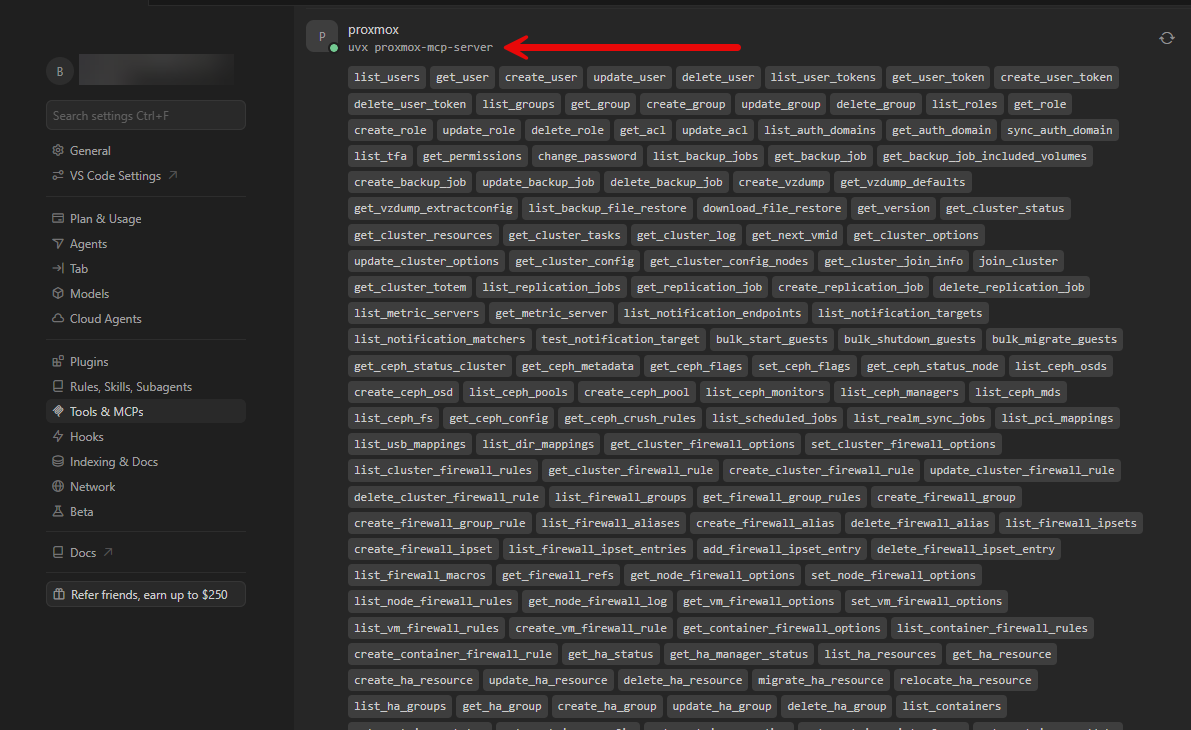 Proxmox mcp server in cursor settings flagged on