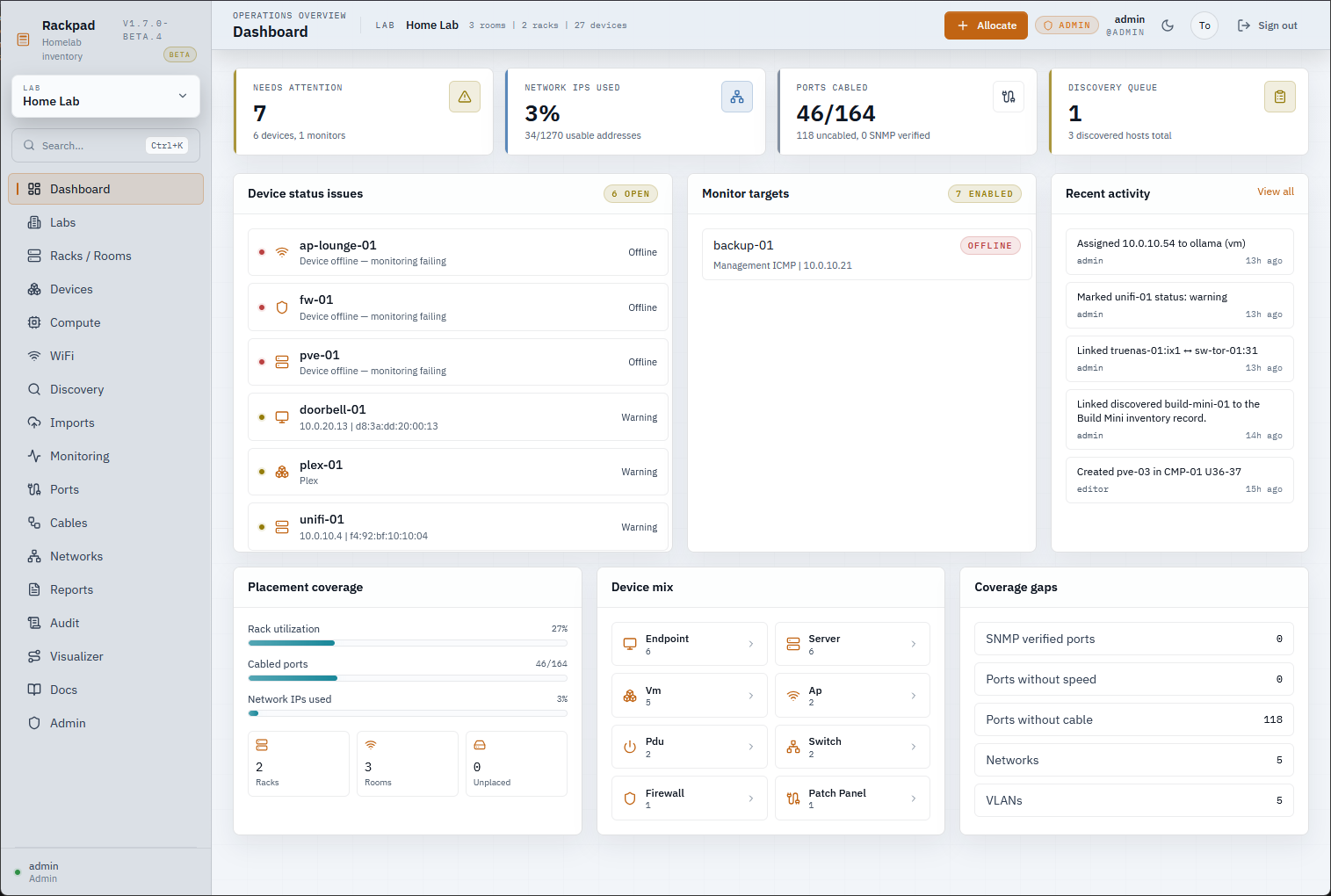 Rackpad dashboard overview