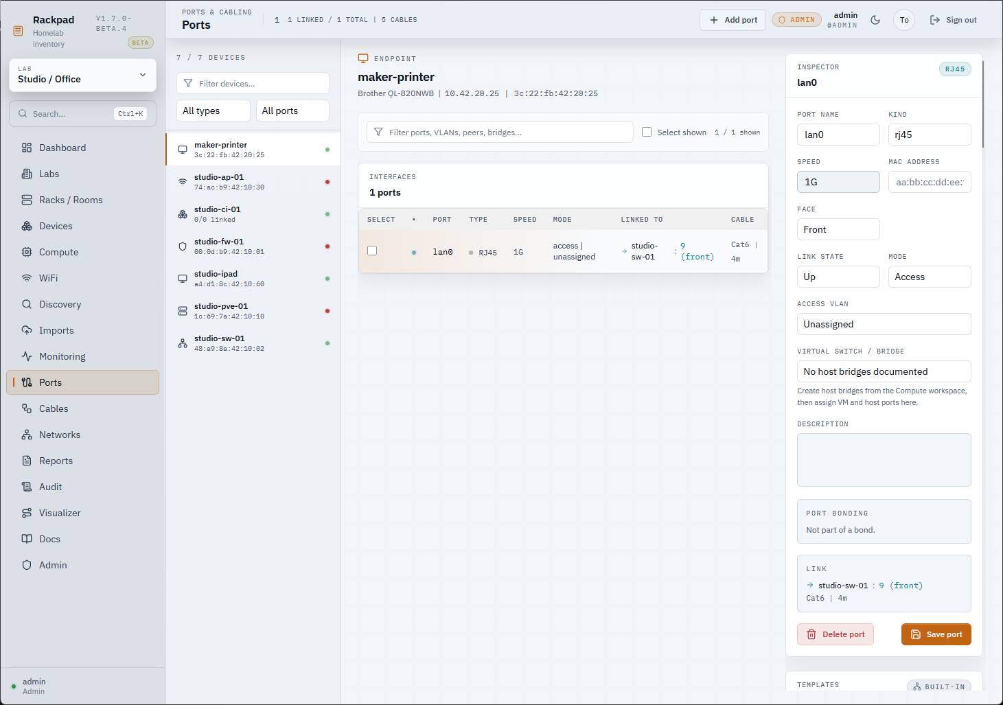 Rackpad ports screen