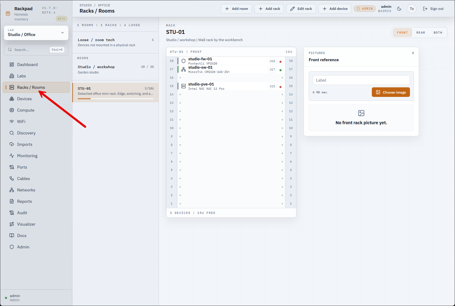 Racks and rooms view in the rackpad dashboard