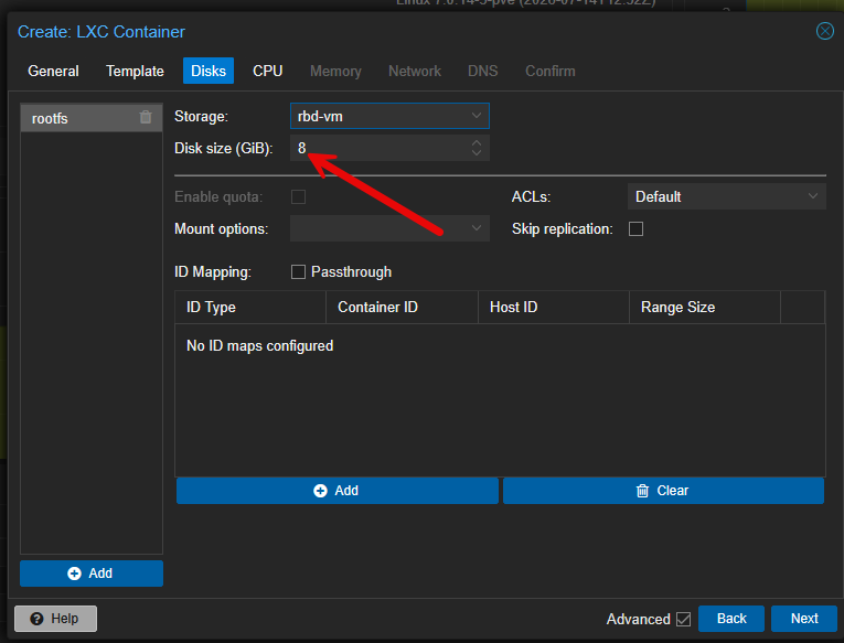 Setting reasonable disk size when creating an lxc container in proxmox