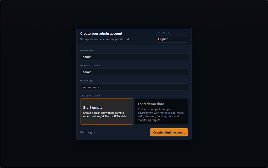 Setting up the admin user and deciding on demo data