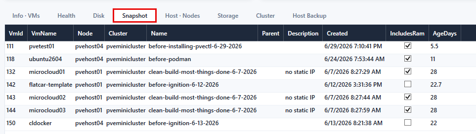 Snapshots information screen in pveviewer