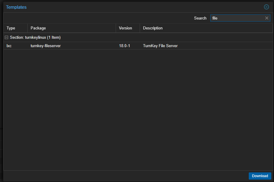 Turnkey file server lxc container image in proxmox