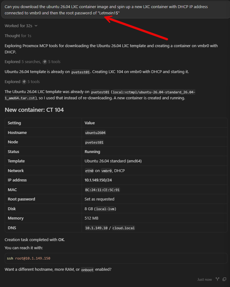 Using proxmox mcp server to download an lxc template and spin up a new lxc container