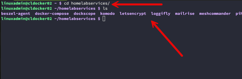 Viewing docker host home lab services folder structure