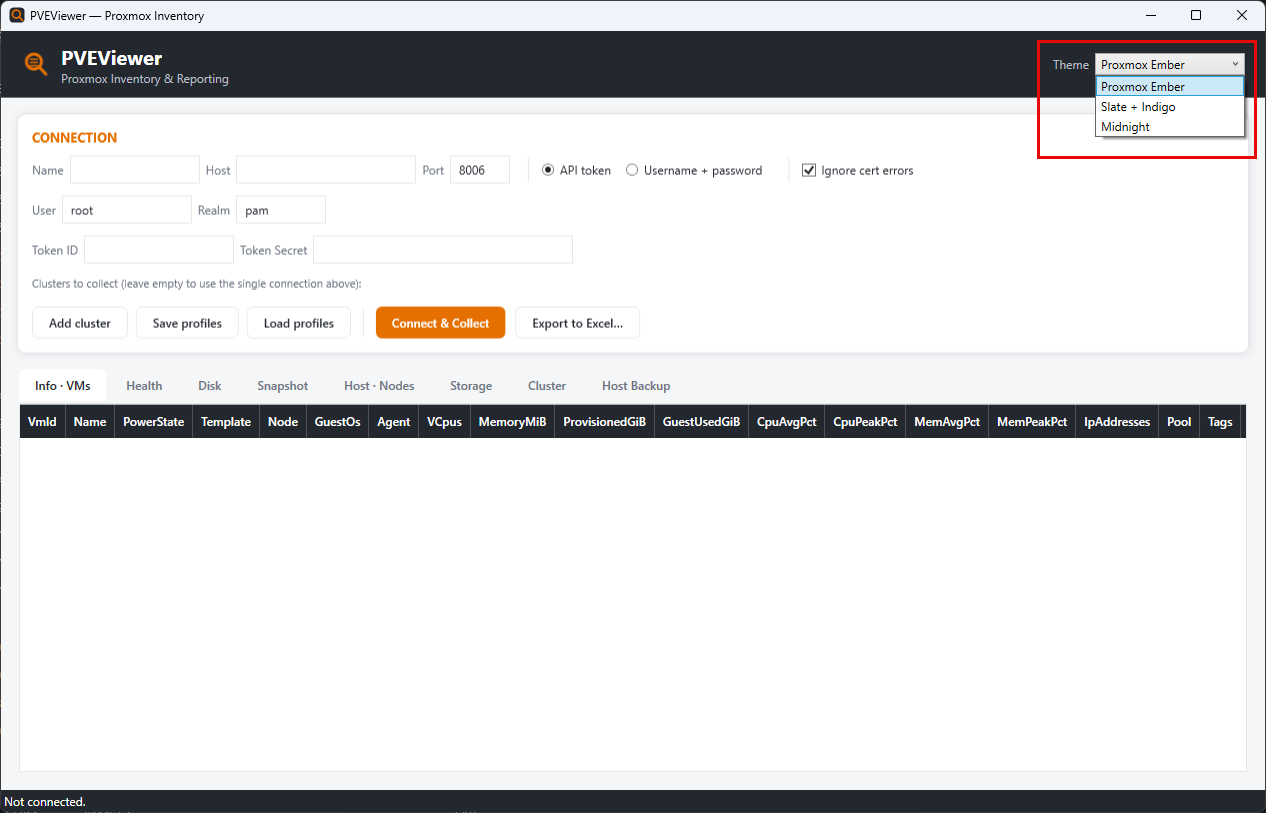Viewing the different themes available in pveviewer