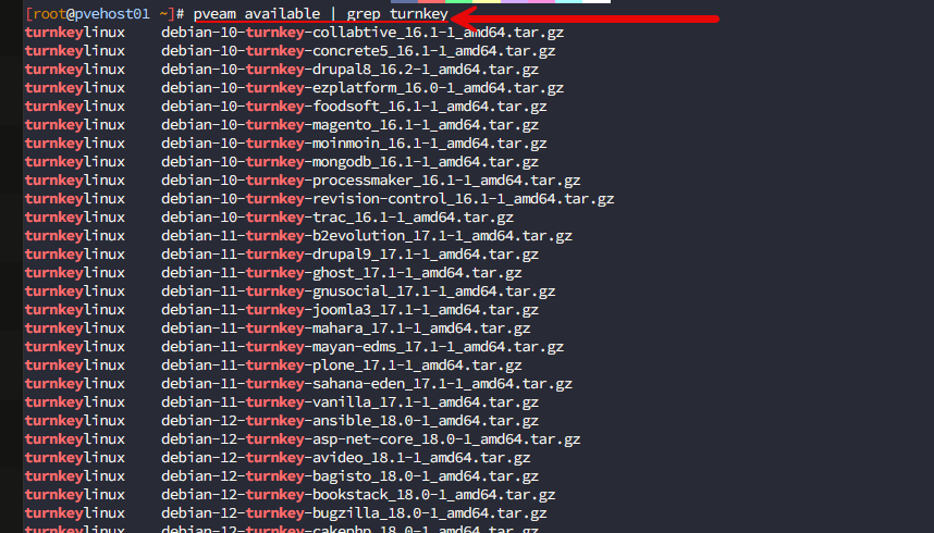 Viewing the proxmox turnkey linux container appliances