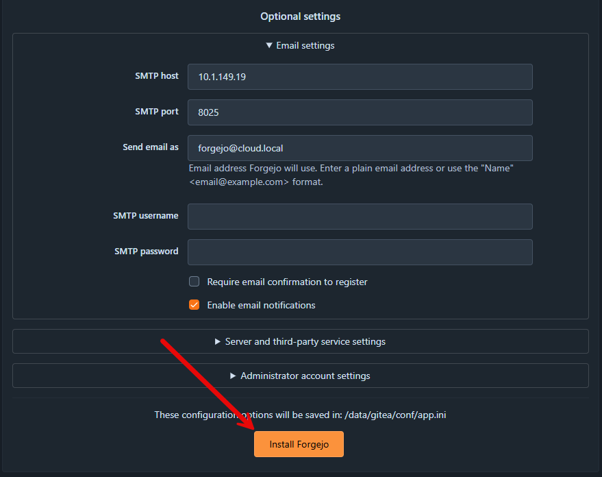 Configuring email at the bottom of the wizard