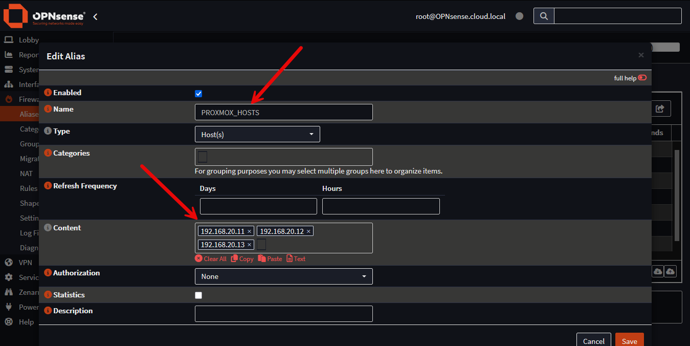 Creating and editing aliases in opnsense firewall in the home lab for management