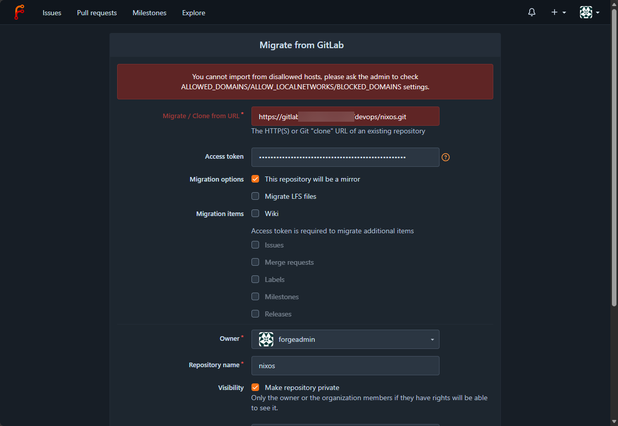 Disallowed domains during migration to forgejo
