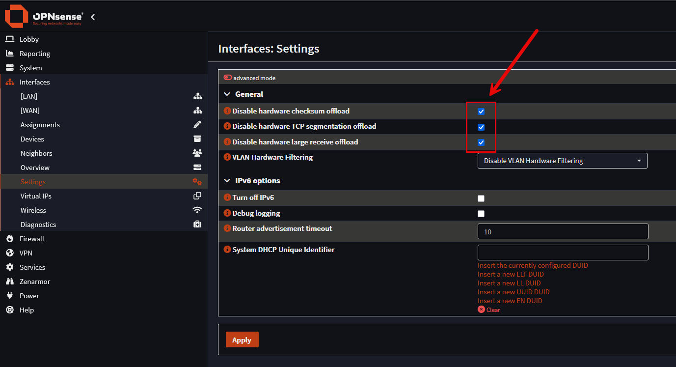 Hardware offload settings in opnsense