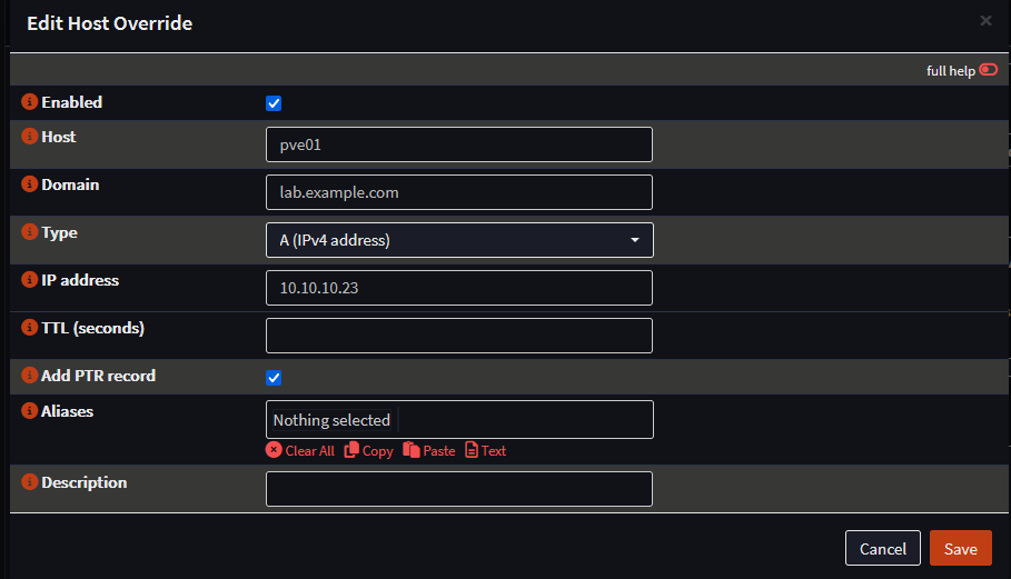 Local host overrides in a home lab opnsense instance