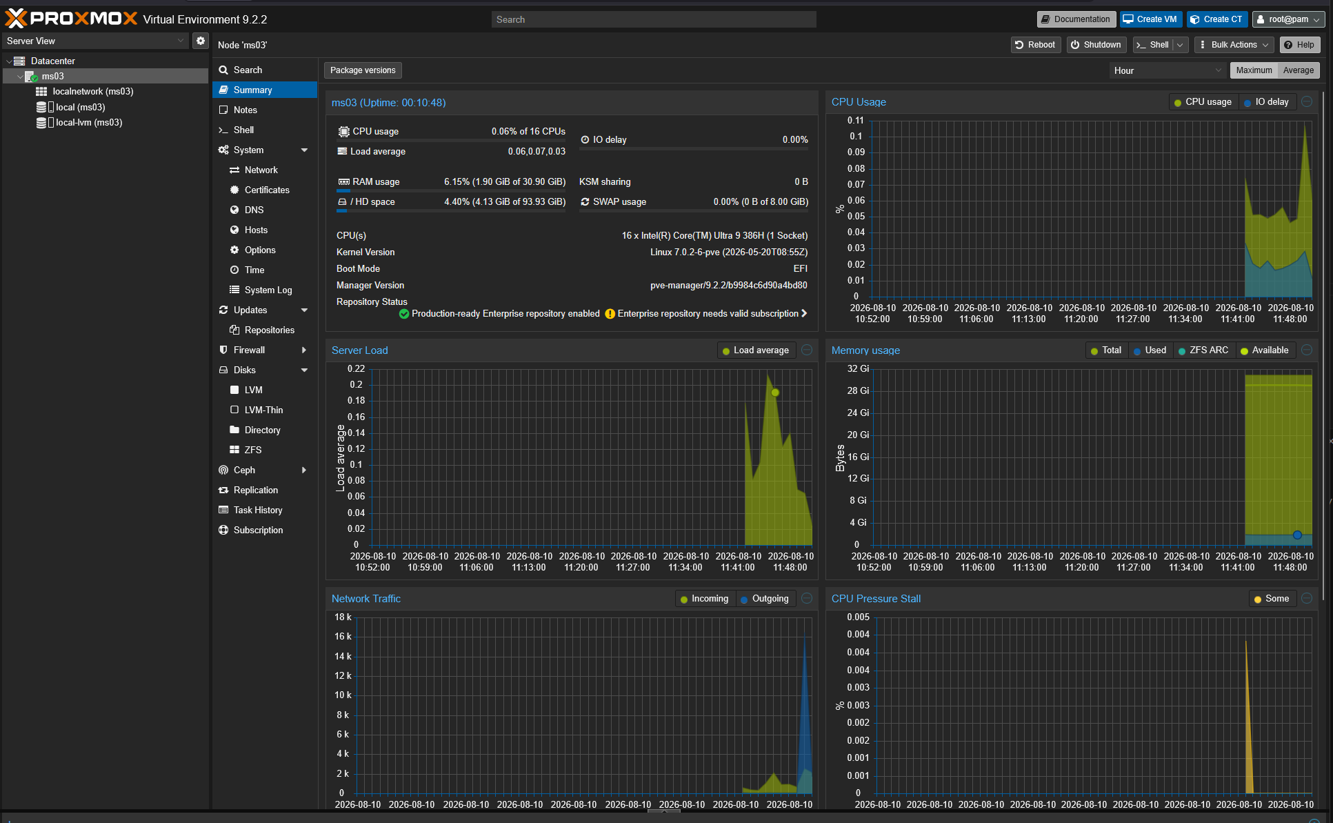 Proxmox web ui running on the minisforum ms 03 mini pc in the home lab