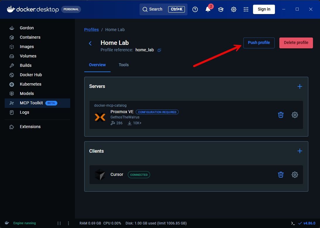 Push functionality for a profile in the mcp toolkit