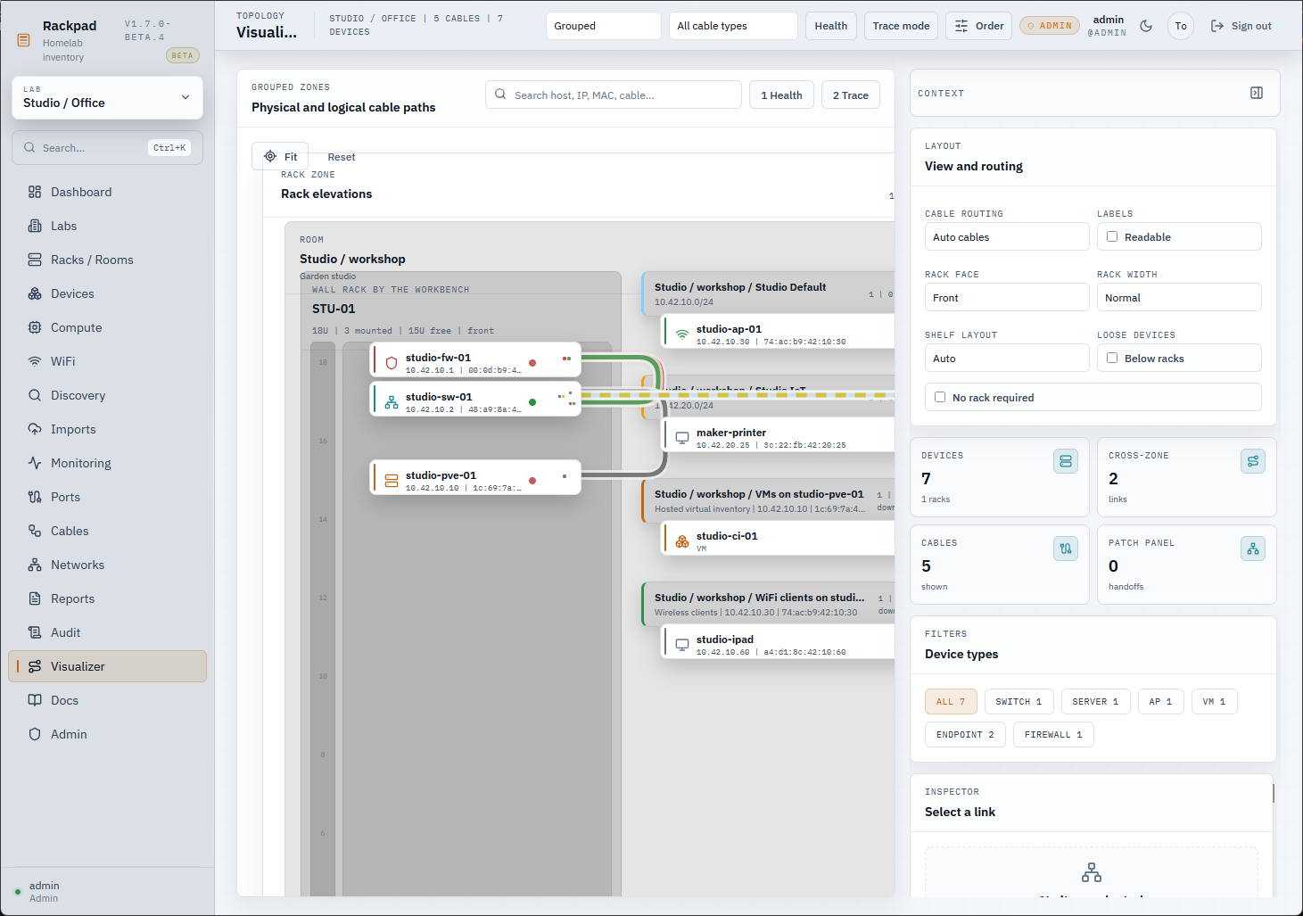 Rackpad visualizing resources in home lab