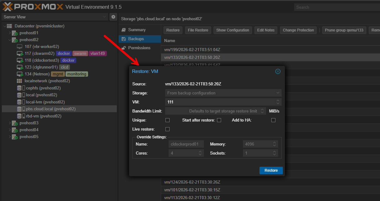 Restoring a backup of a vm in proxmox