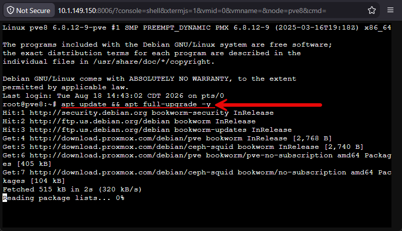 Running an apt update and full upgrade on proxmox ve server 8