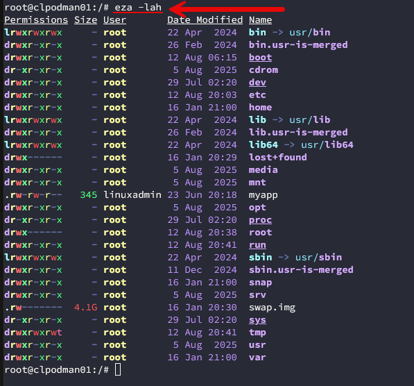 Running an eza directory listing in linux