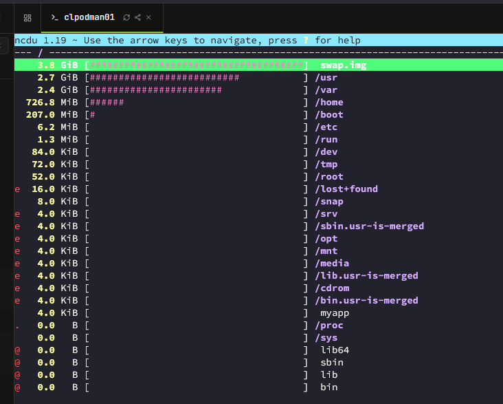 Running the ncdu command to check out disk space in linux