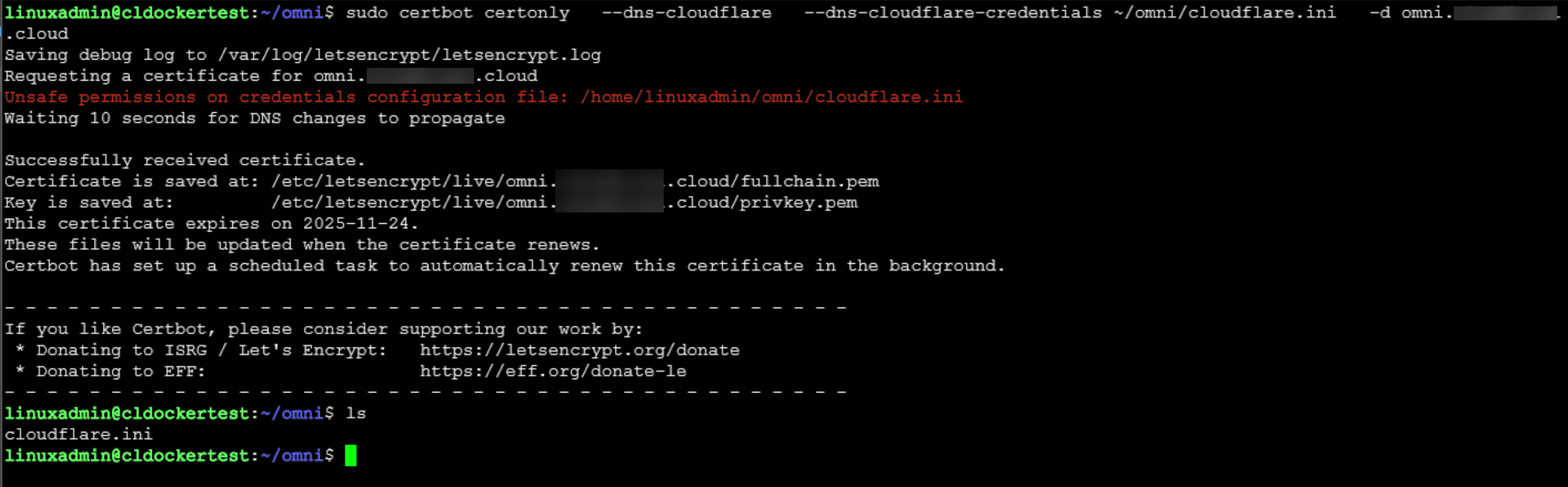 Setting up certbot to renew my omni certificates